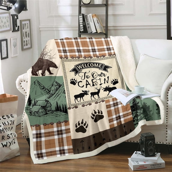 Deer Bear Moose Sherpa Blanket, Cabin Rustic Lodge Fleece Blanket Teens Adult Bedroom, Country Wild Animal Throw Blanket Retro Farmhouse Patchwork Fuzzy Blanket