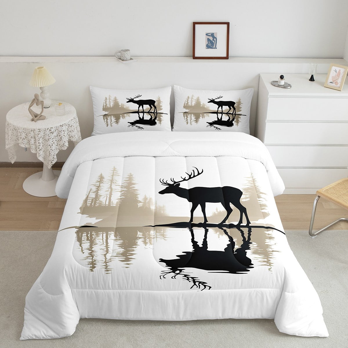 YST Deer Comforter Set Deer Hunting Bedding Woodland Animals Elk Moose