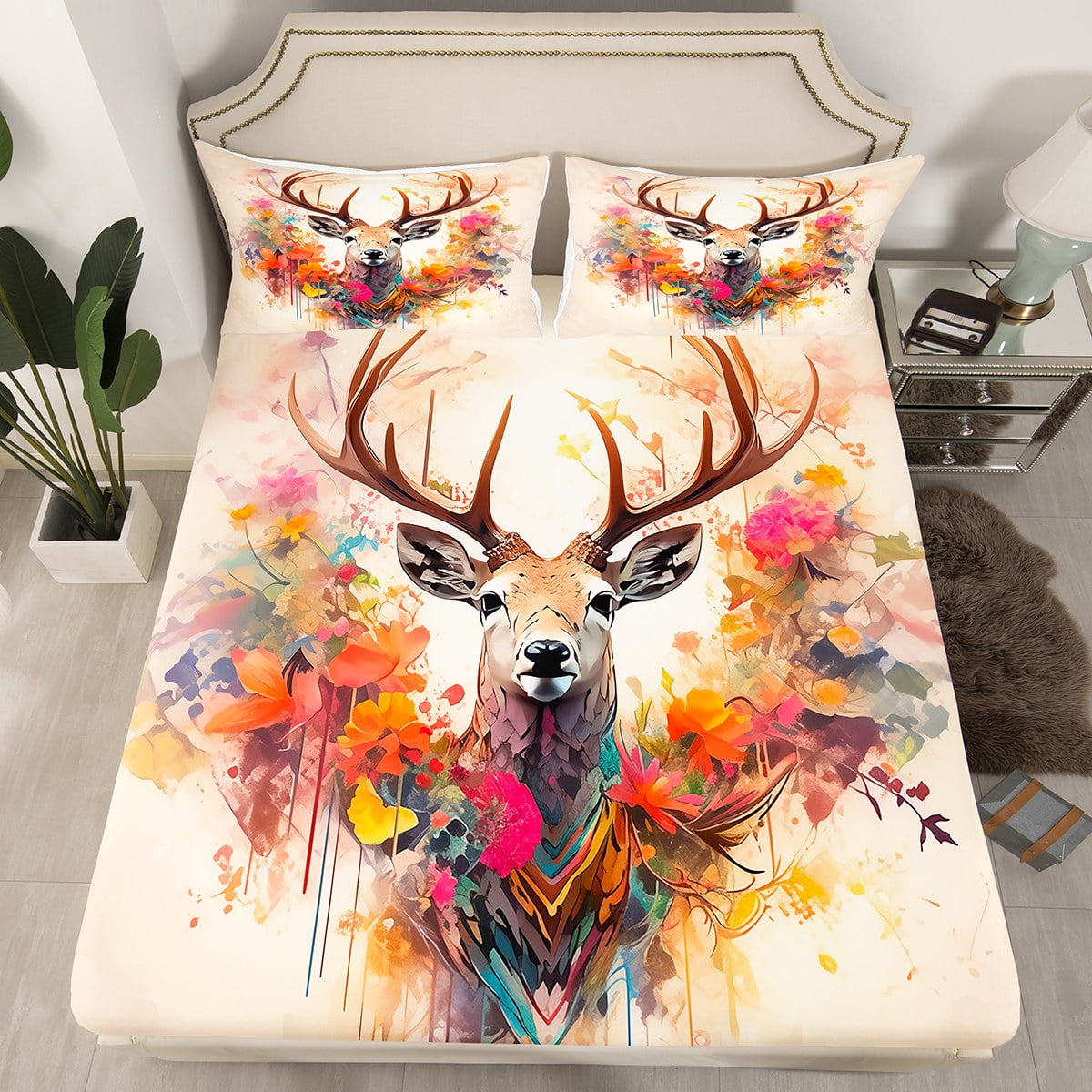 YST Deer Fitted Sheet Kawaii Deer Bedding Set Full,Floral Cute Deer Bed ...