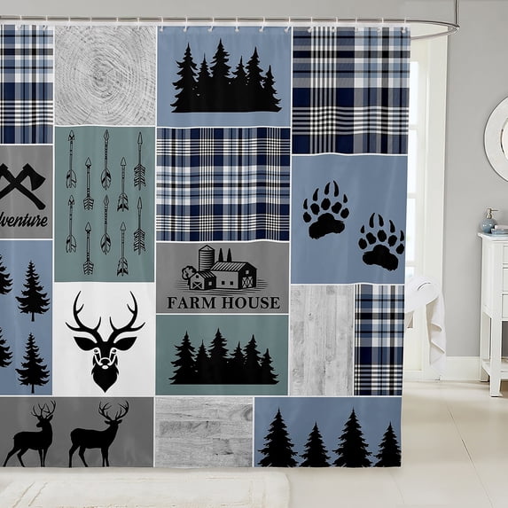 Deer Hunting Bathtub Shower Curtain , Retro Cabin Bath Curtain In Blue, Black, And Grey Woodland Wild Animal Shower Curtain Vintage Lodge Shower Stall Curtain, 72" W X 84" L