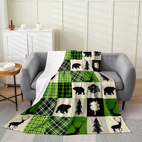 Deer Hunting Bear Wildlife Flannel Blanket,Lodge Cabin Fleece Blanket,Retro Patchwork Throw Blanket Teens Men,Vintage Green Lattice Rustic Fuzzy Blanket 40x50 inch All Season