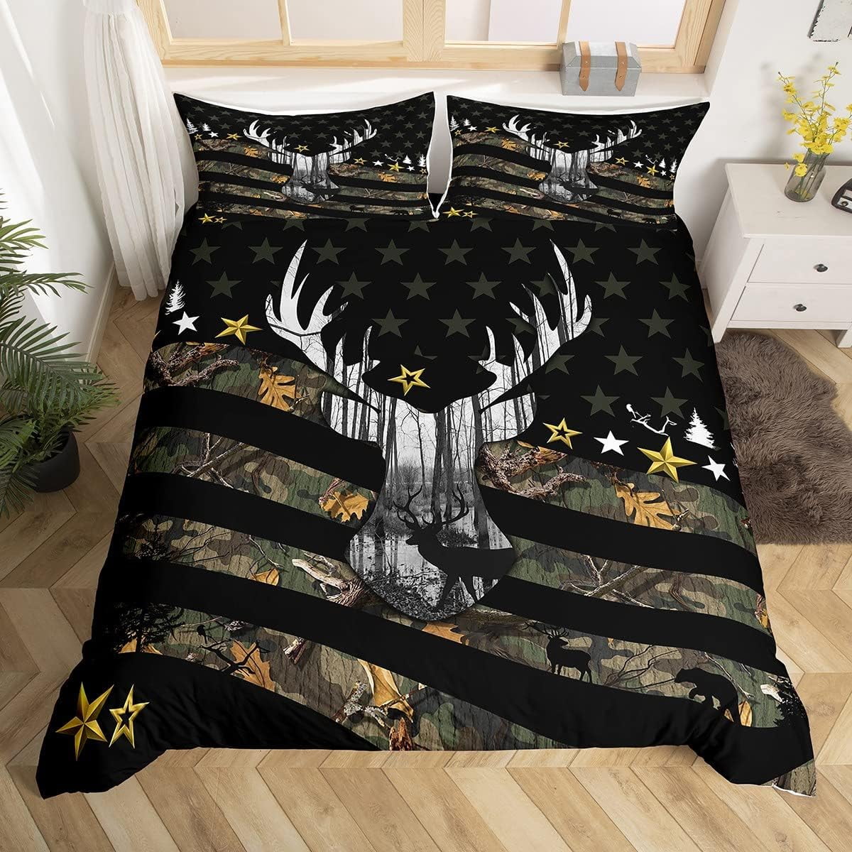 YST Deer Hunting Bedding Set Camo Antlers Comforter Cover for Boys Teens Youth Men Camouflage