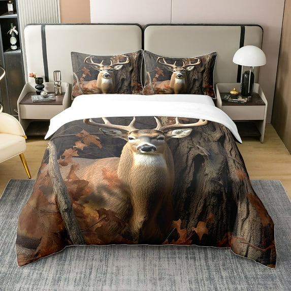 Deer Hunting Camo Comforter Cover,100% Cotton Hunter Bedding Set King Size For Bedroom Decor, Deer Duvet Cover For Adult Teen Western Farmhouse Animal Bedspread Cover,Brown
