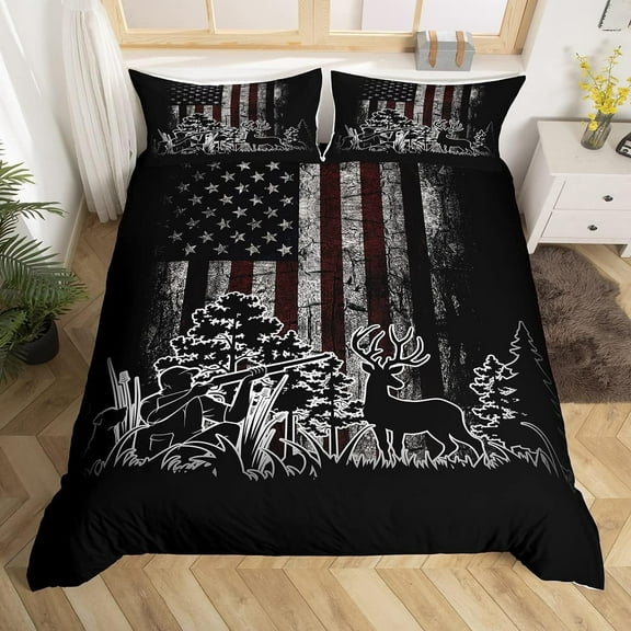 Erosebridal Deer Hunting Duvet Cover American Flag Comforter Cover Hunting Themed Bedding Set for Adult Teen Room Decor,Rustic Farmhouse Hunter Bedspread Wild Animal Deer Bedding Set Queen