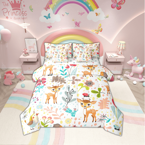 Deer Bed In A Bag With Sheets Full Cute Deer Comforter Set 7 Piece Woodland Leaf Flower Animal Bedding Set Kawaii Cartoon Jungle Botanical Birds Butterfly Bed Set