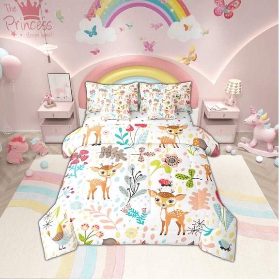 Deer Bed In A Bag With Sheets Full Cute Deer Comforter Set 7 Piece Woodland Leaf Flower Animal Bedding Set Kawaii Cartoon Jungle Botanical Birds Butterfly Bed Set