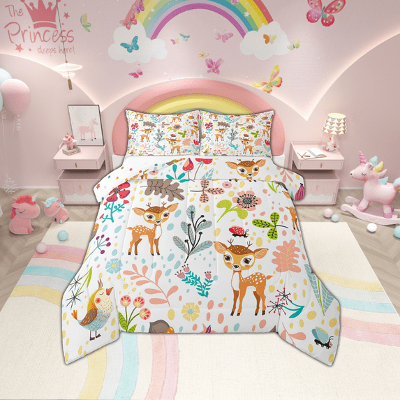 Deer Bedding Set Full Cute Deer Comforter Set Woodland Leaf Flower Animal Quilt Set Kawaii Room Decor,Cartoon Jungle Botanical Ladybug Birds Butterfly Duvet Insert