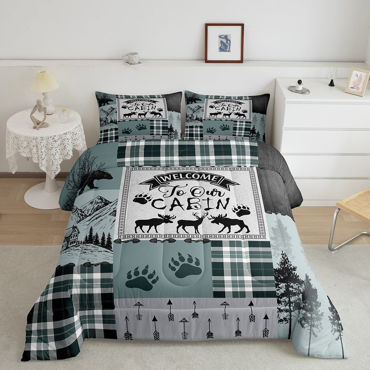 YST Deer Moose Bedding Set For Kids, Rustic Plaid Patchwork Comforter