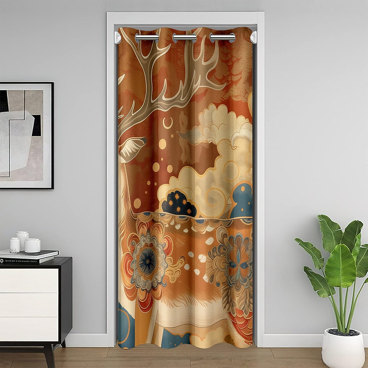 YST Deer Print Blackout Curtain,Oriental Art Style Door Curtain Privacy