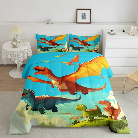 Dinosaur Bedding Set , Wild Animal Comforter Set Cute Dinosaurs Quilt Teens, Ancient Wildlife Duvet Insert 3 Pieces With 2 Pillow Cases, Queen Size