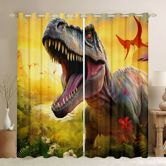 Erosebridal Dinosaur Blackout Curtains Dino Curtains, Jungle Dino Curtains & Drapes Tyrannosaurus Rex Living Room Curtains, 3D Animal Window Curtains Yellow Gray