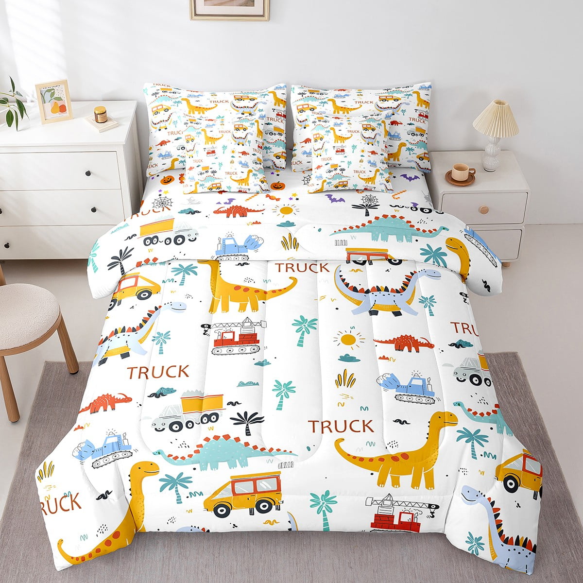 YST Dinosaur Construction King 7 Piece Comforter Set With Sheets For ...