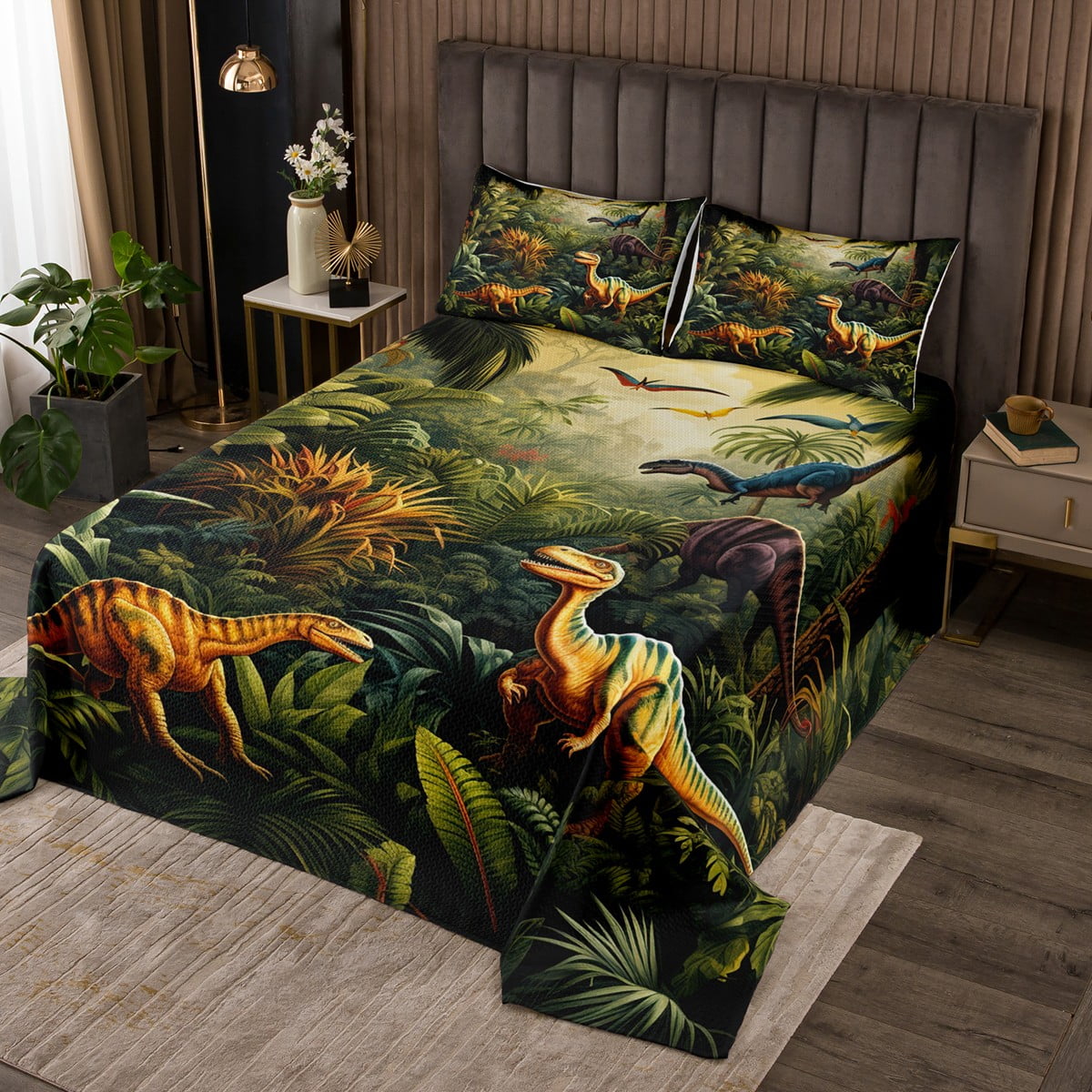 YST Dinosaur Quilt Set Cartoon Dino Toddler Coverlet Set, Tropical Wild