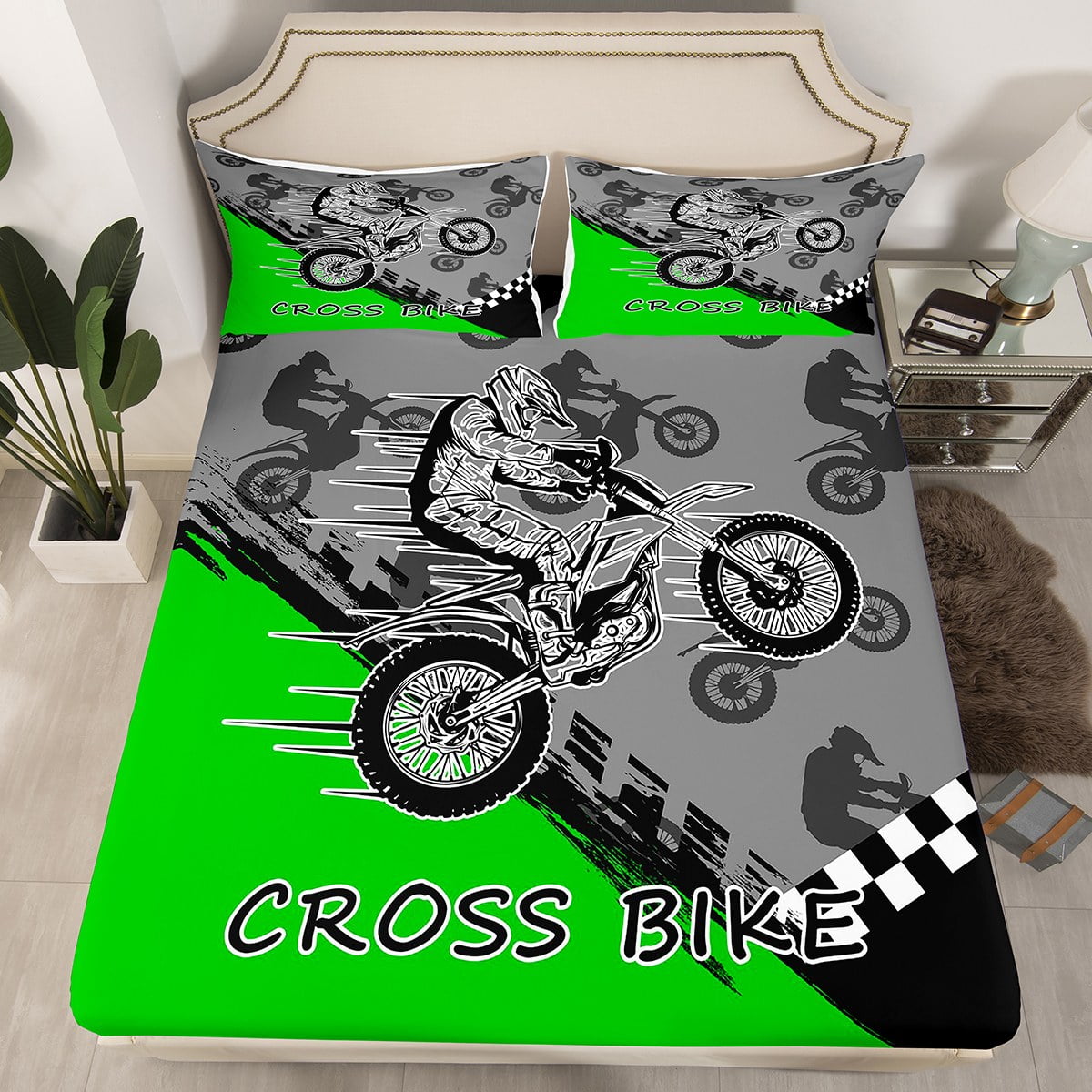 YST Dirt Bike Bed Set for Boys Girls Kids Motocross Rider Fitted Sheet