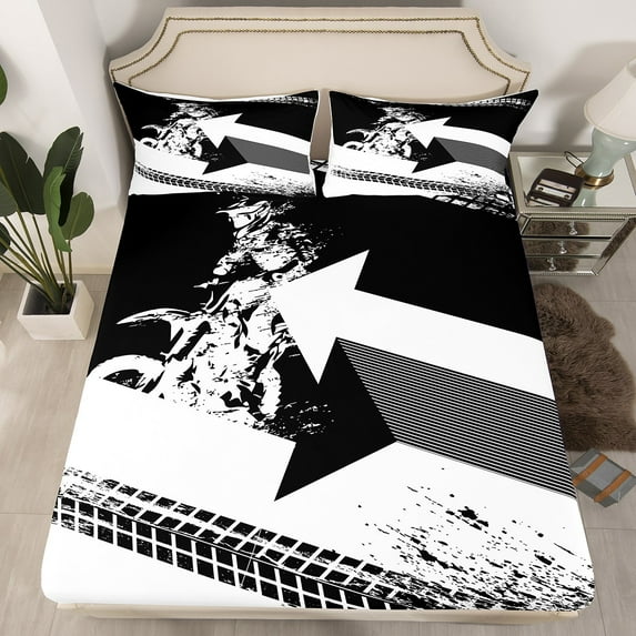 Dirt Bike Bed Set Motorcycle Extreme Sports Fitted Sheet Motocross Rider Grunge Style Bed Sheets Teens Young Man Motorbike Race Vehicles Sheets Bedroom Decor,Twin