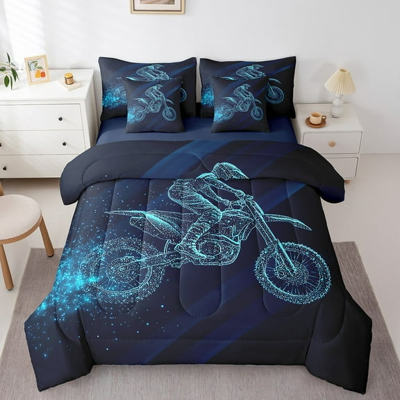 Dirt Bike Bedding Sets 7 Piece Twin Size, Motocross Rider Bed In A Bag Teens Adult, Extreme Sports Comforter Set Motorbike Sport Vehicle Bedding Comforter Sets, Dark Blue