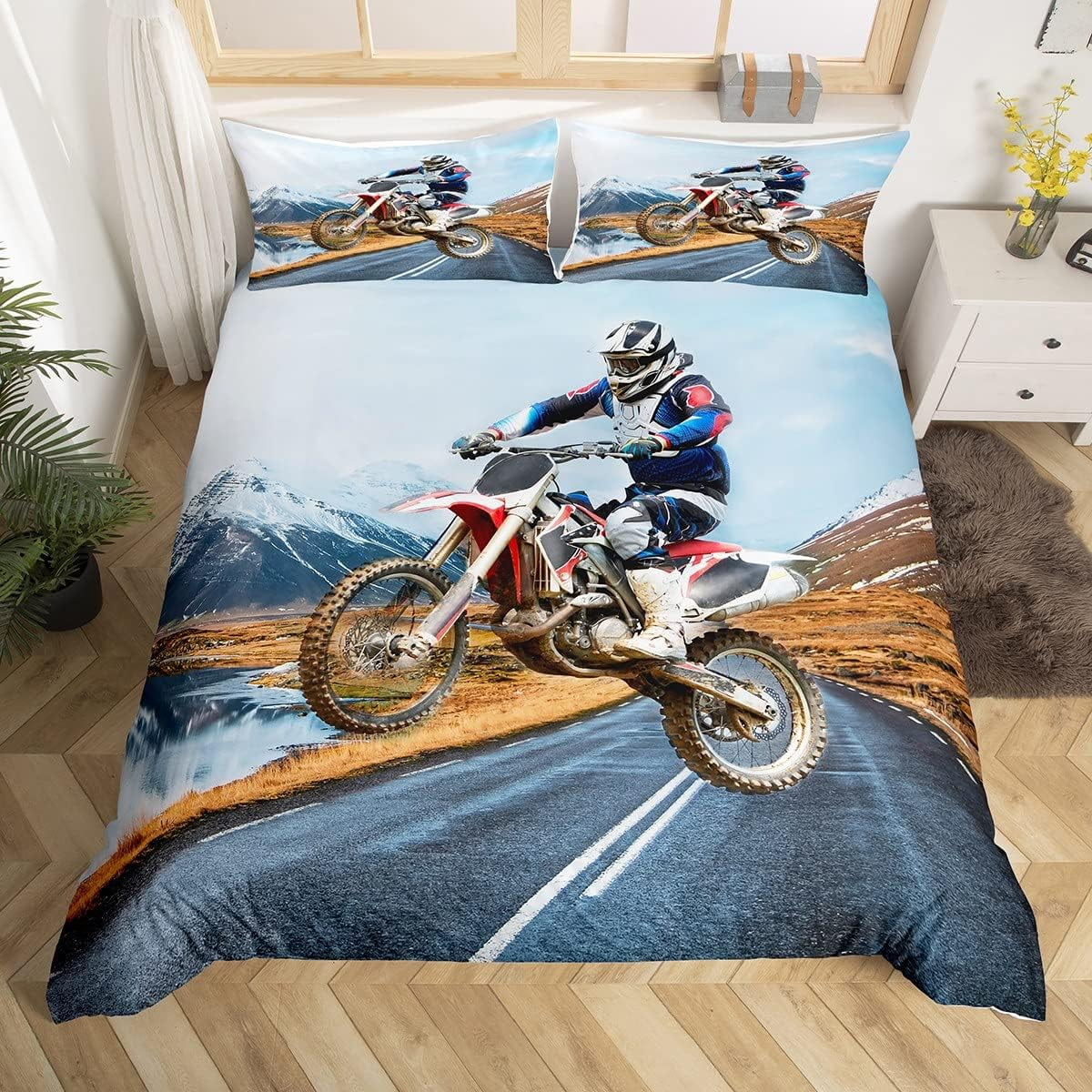 YST Dirt Bike Duvet Cover for Kids Boys Teens All Season,Grunge Bike Rider Bedding Set Twin Snow