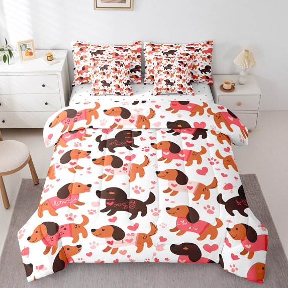 Dog Comforter 7 Pieces Cartoon Dachshund Bedding Set Kawaii Puppy Animlas Sheet Set Lovely Cute Pet Fitted Sheet Twin Size