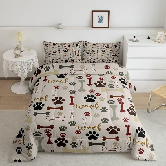 Dog Paw Print Comforter Set Twin Size,Bone Pattern Bedding Set Teens Room Decor,Pet Animal Quilt Set Cartoon Duvet Insert