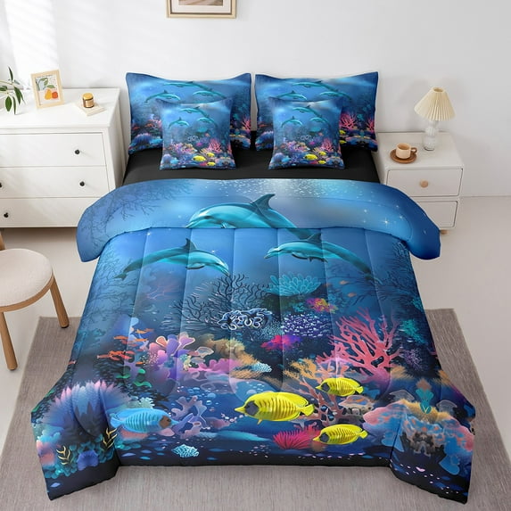 Dolphin Bed In A Bag Twin Coral Reef Coastal Comforter Set 7 Piece ,Ocean Animal Bedding Set Underwater World Bed Sheets Set With Comforter