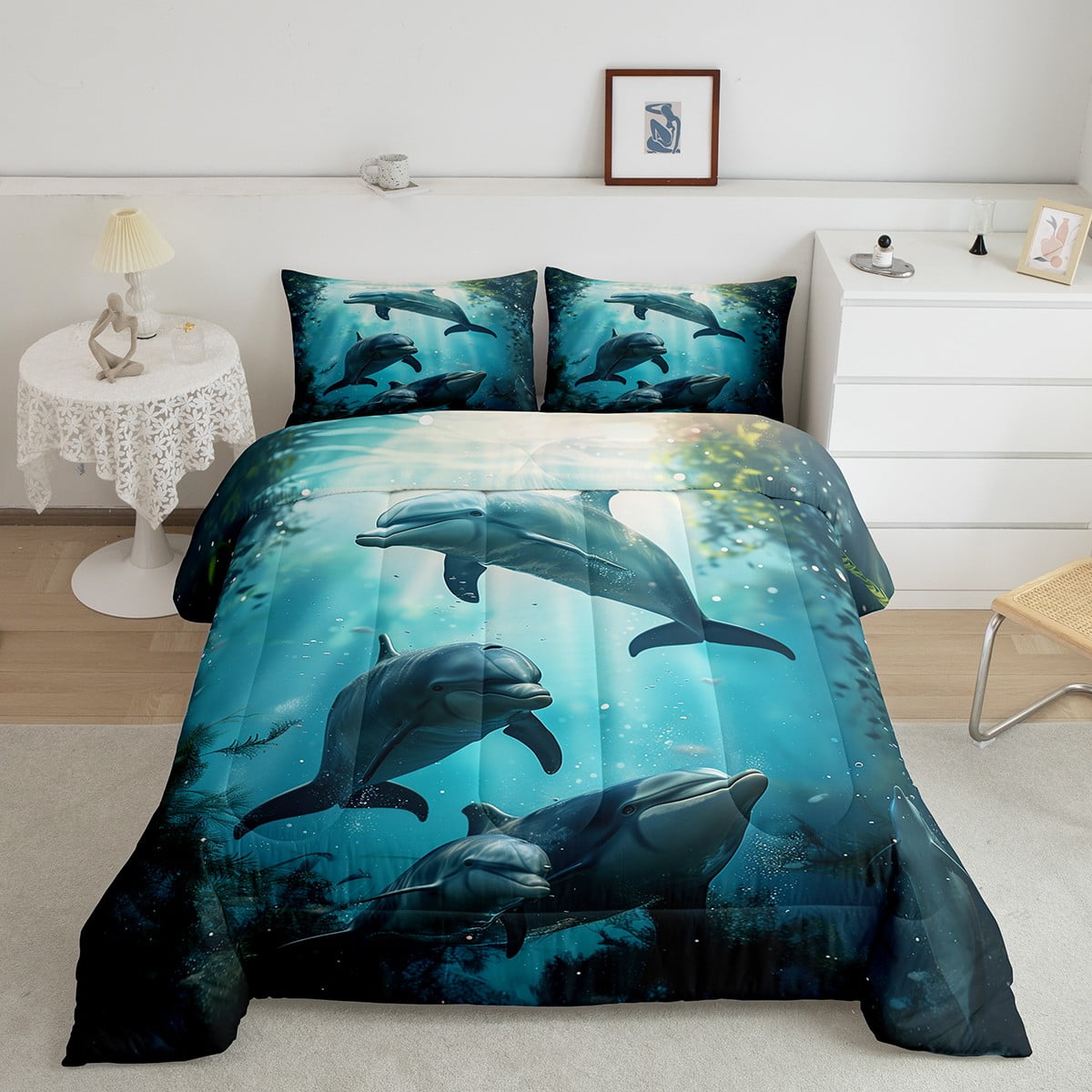 Queen Blue Microfiber Dolphin Comforter Set with Pillowcases