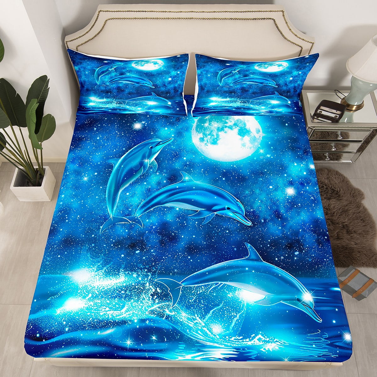 YST Dolphin Fitted Sheet Queen, Galaxy Full Moon Bed Sheets for Kids