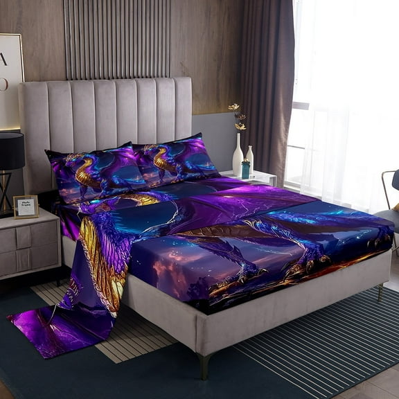 Dragon Bed Sheets Set Twin Size, Magic Animal Loong Sheet Set Teens Bedroom Decor, Outer Space Sheets Lightning Galaxy Flat Fitted Sheet With 1 Pillow Case, Purple