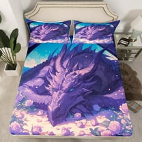 Dragon Bedding Set, Loong Pattern Fitted Sheet Twin Size Rose Flower Bed Sheets 3 Pieces Teens Women Bedroom, Purple Floral Rustic Style Sheets