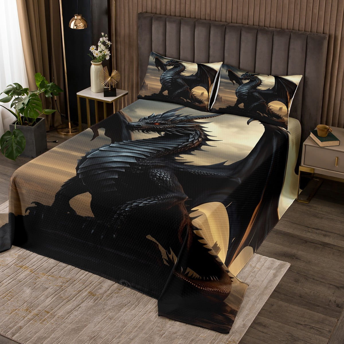 YST Dragon Bedspread Set Twin for Boys Girls Kids,Black Gothic Quilt