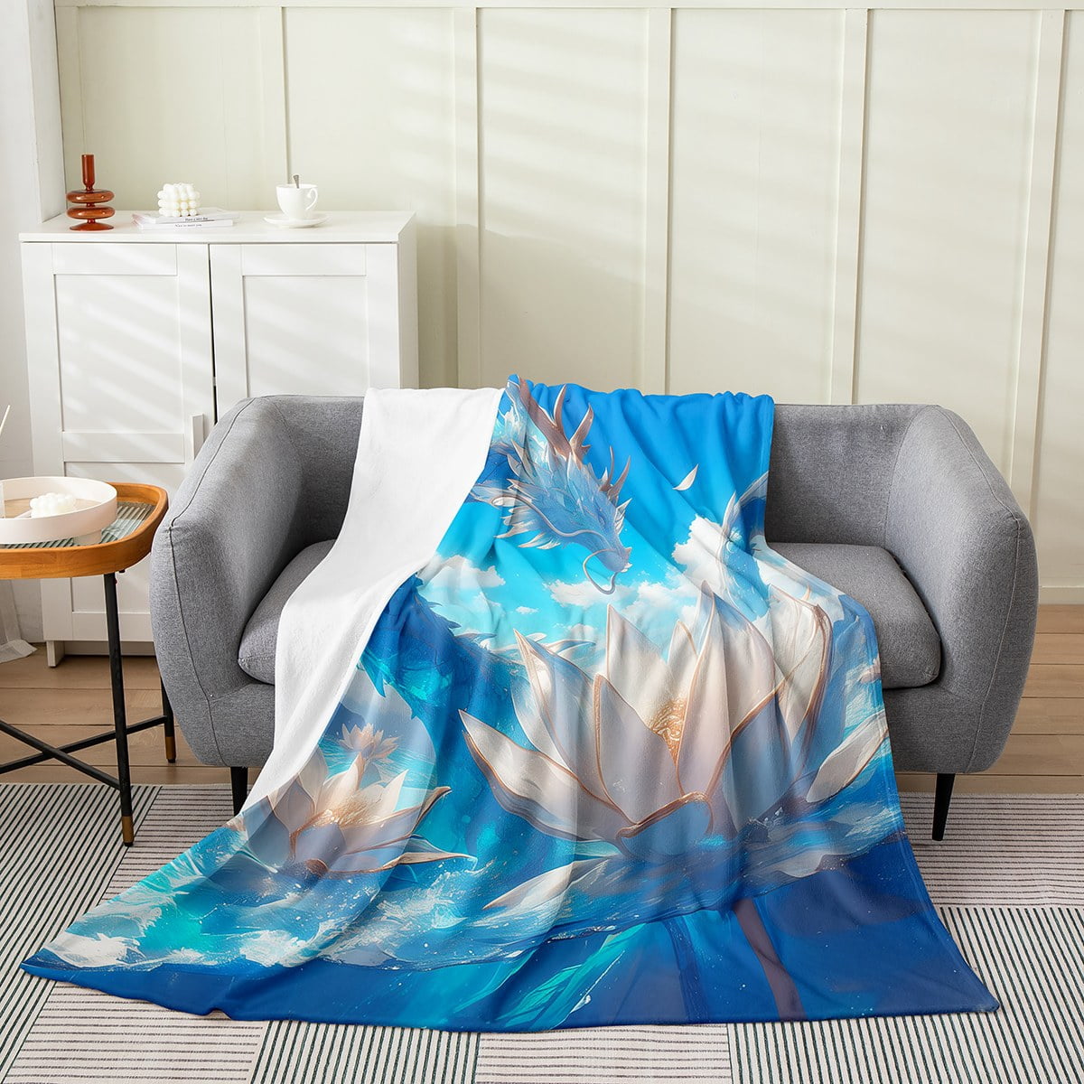 Chinese Wave Dragon Pattern Print Throw Blanket