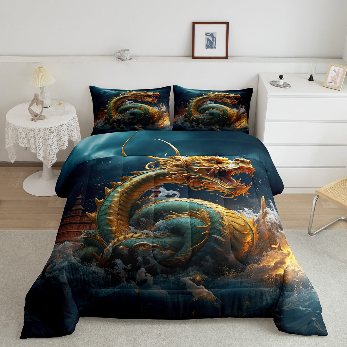 YST Dragon Comforter Set King Magical Animal Bedding Set for Teenage