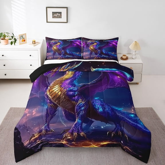 YST Dragon Comforter Set King Size, Magic Animal Loong Bedding Set For Kids Boys Teens Bedroom Decor, Outer Space Quilt Lightning Galaxy Bedding Comforter Sets With 2 Pillow Cases, Purple