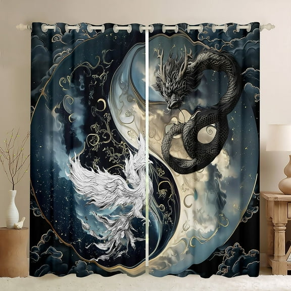 YST Dragon Curtains & Drapes Japanese Ukiyoe Curtains Exotic Animal 42"Wx84"L 2 Panels Ancient Loong Phoenix Blackout Curtains For Boys Teen Bedroom, Yin Yang Window Curtains Black And White