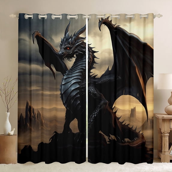 Dragon Curtains & Drapes ,Black Gothic Curtains 30%-50% Blackout Dragon Bedroom Decor,Safari Animal Curtains Mysterious Dragon Window Curtain 2 Panels 42"Wx90"L
