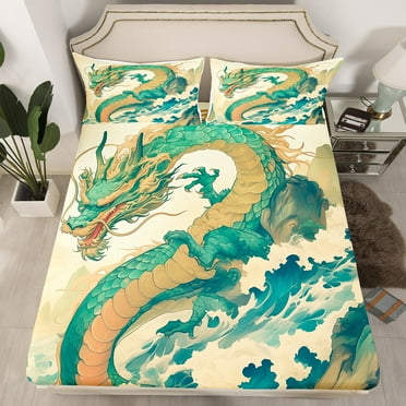 YST Dragon Fitted Sheet Japanese Style Bedding Set For Kids Boys Girls Ocean Wave Bed Sheets Asian Theme Sheets + 1 Pillowcase, Twin ( No Flat Sheet)，No Top Sheet