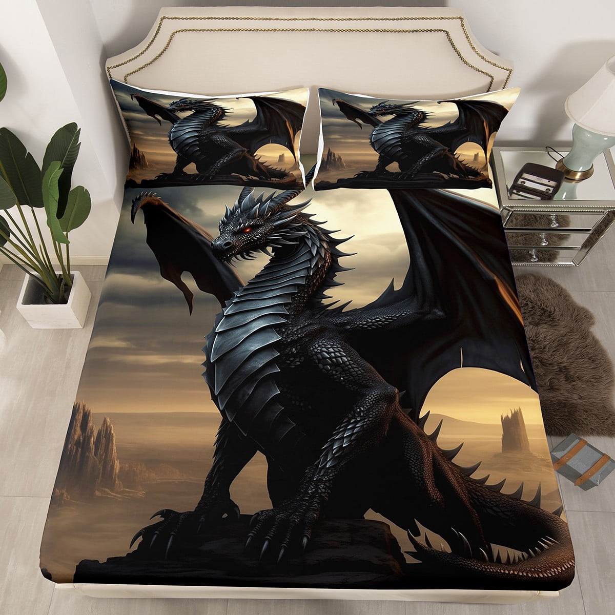 YST Dragon Fitted Sheet Queen for Boys Girls Kids,Black Gothic Bedding ...