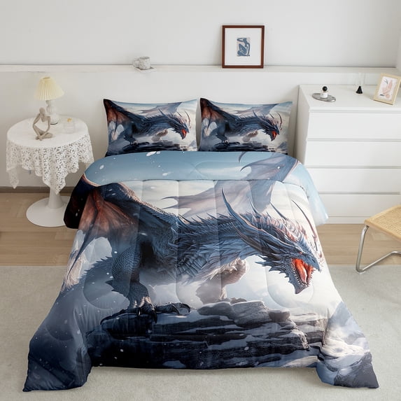 Erosebridal Dragon Queen Comforter Set,Gothic Dragon Bedding Set Hippie Room Decor,Safari Animal Bedding Comforter Sets Dragon Decorations Mountain Quilt Bed Set 3Pcs