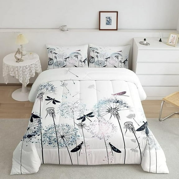 YST Dragonfly Comforter Set Twin Size,Colorful Dandelion Bedding for Kids Girls Woman Adult Room Decor,Nature Flying Animals Plants Quilt Modern Boho Duvet Insert,White