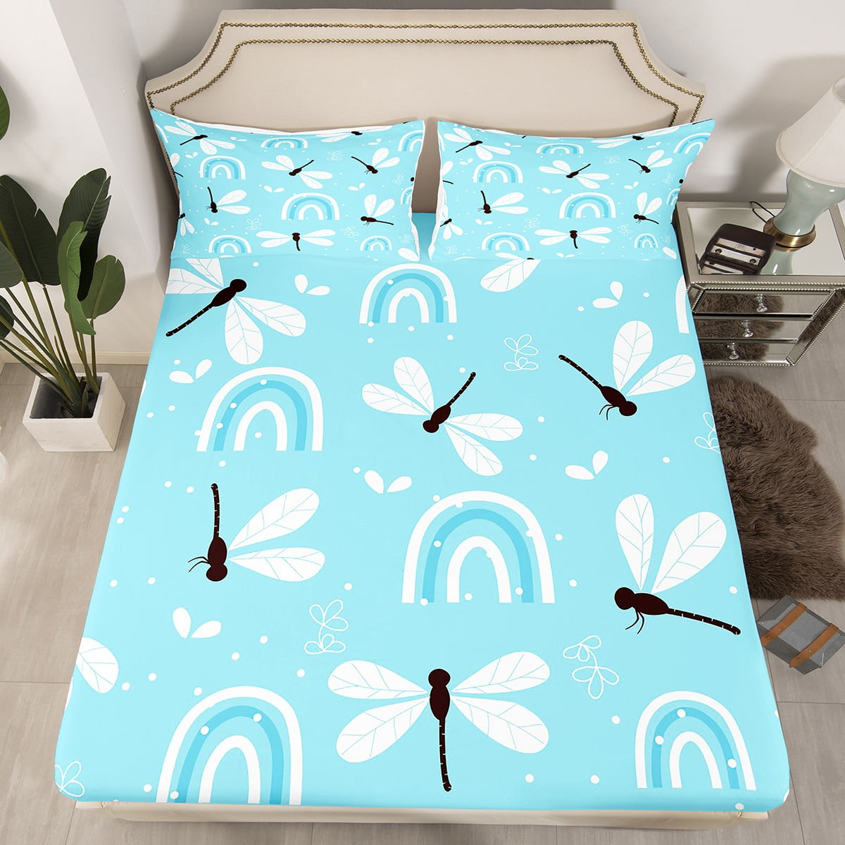 YST Dragonfly Gifts Bed Set Cute Rainbow Queen Bed Sheets for Girls
