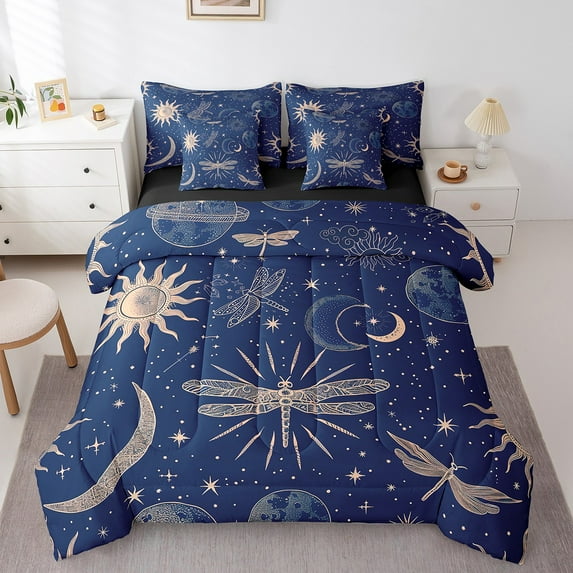 Erosebridal Dragonfly Queen Comforter Set 7 Piece Boho Sun And Moon Bed In A Bag,Starry Sky Stars Bedding Set Galaxy Dragonflies Sheet Set With Comforter