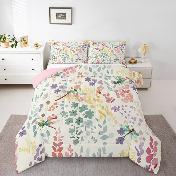 Dragonfly Twin Comforter Set,Colorful Floral Dragonfly Bedding Set,Cute Rainbow Flower Quilt Bed Set Wildlife Animal Print Wildflower Bed Comforter