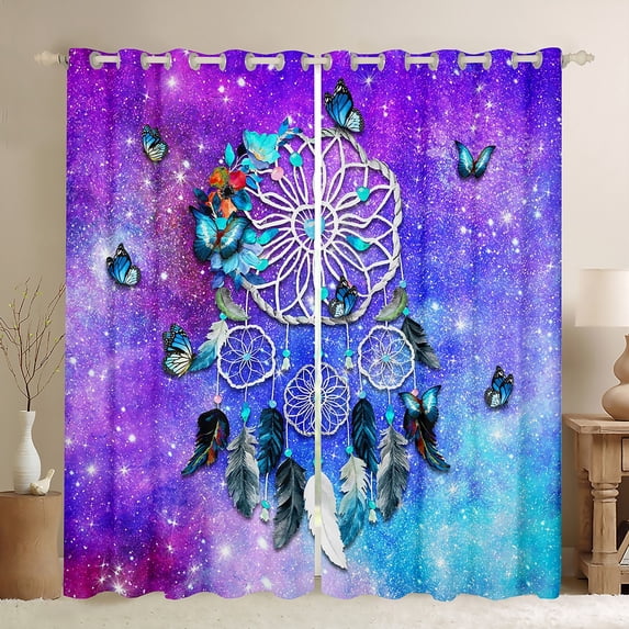 Erosebridal Dream Catcher Blackout Curtains,Feather Mandala Butterfly Curtains & Drapes,Teal Purple Tie Dye Starry Sky Window Curtains,Hippie Dreamcatcher Window Treatments
