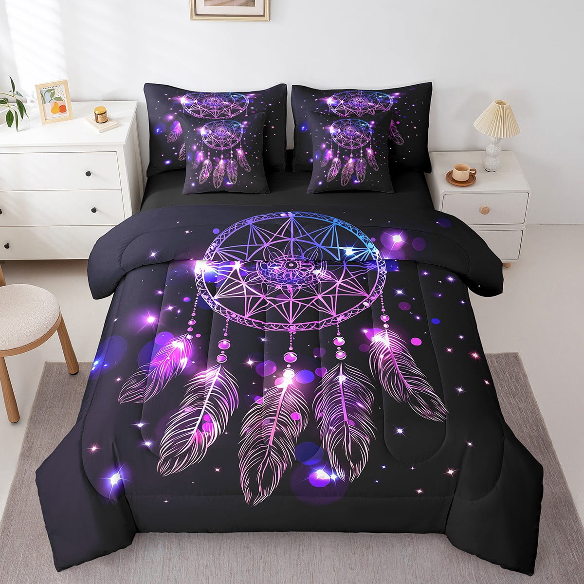 Dream Catcher Feather Comforter Set 7 Piece Queen Size, Bohemian Starry Sky Bedding Sets Teens ...