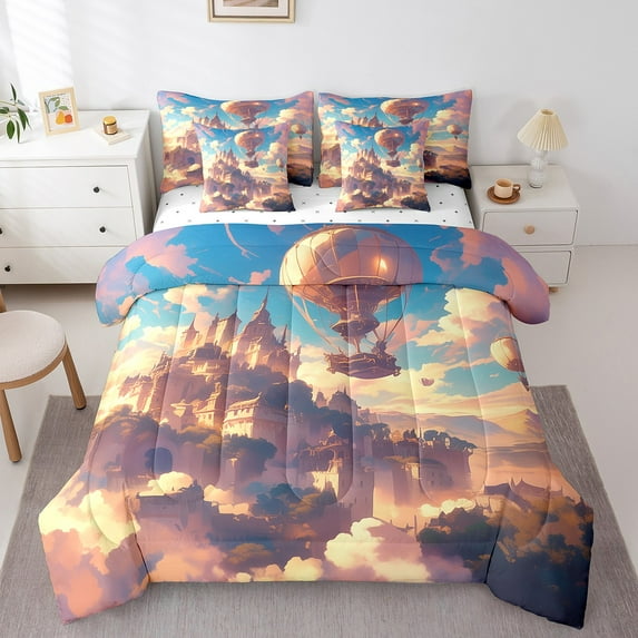 Erosebridal Dreamy Castle Bed in a Bag 7-Piece Hot Air Balloon Bedding Set, Princess Queen Size Comforter Set Watercolor Style Bedding Comforter Sets, Fairy Tales Bed Set