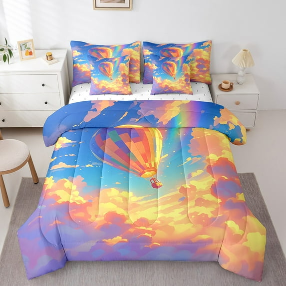 Dreamy Sky Bed in a Bag 7-Piece Kawaii Hot Air Balloon Bedding Set , Cartoon Rainbow Full Size Comforter Set Sunny Cloud Sky Bedding Comforter Sets, Watercolor Bed Set