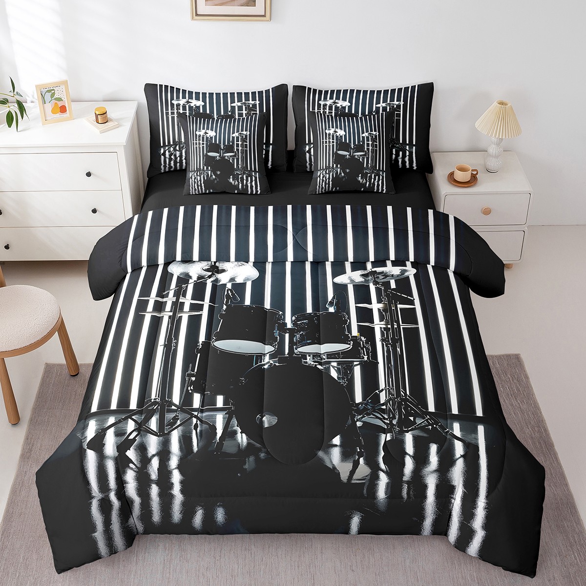YST Drum Bedding Sets, Rock Roll Music Comforter Set 7Piece Full Size