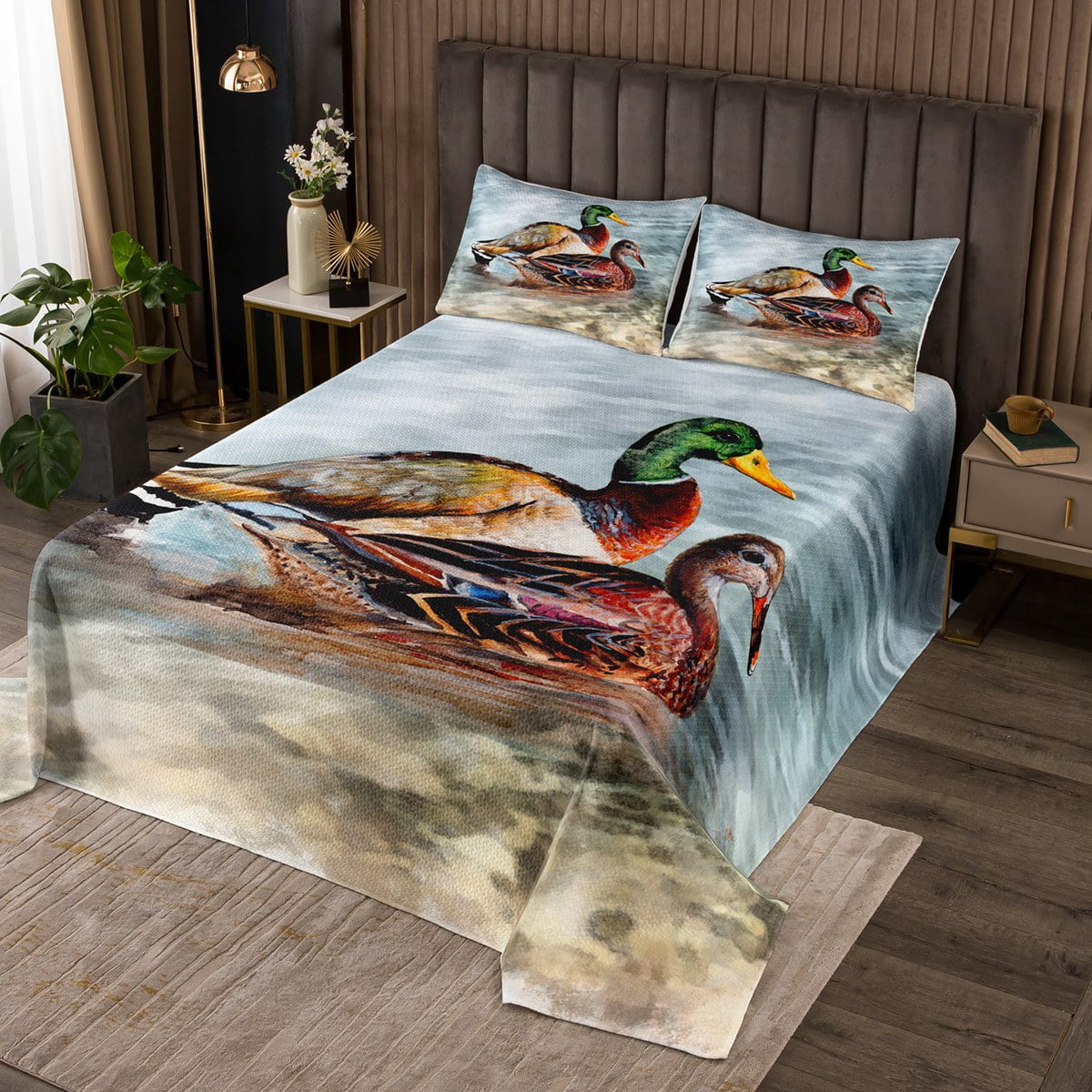 YST Duck Hunting Coverlet Queen Size Mallard Duck Bedding Set