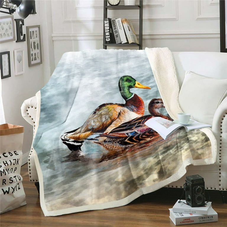 YST Duck Hunting Sherpa Blanket Mallard Duck Blanket Watercolor Animal Throw Blanket for Chair Rustic Farmhouse Fleece Blanket Colorful Duck Plush