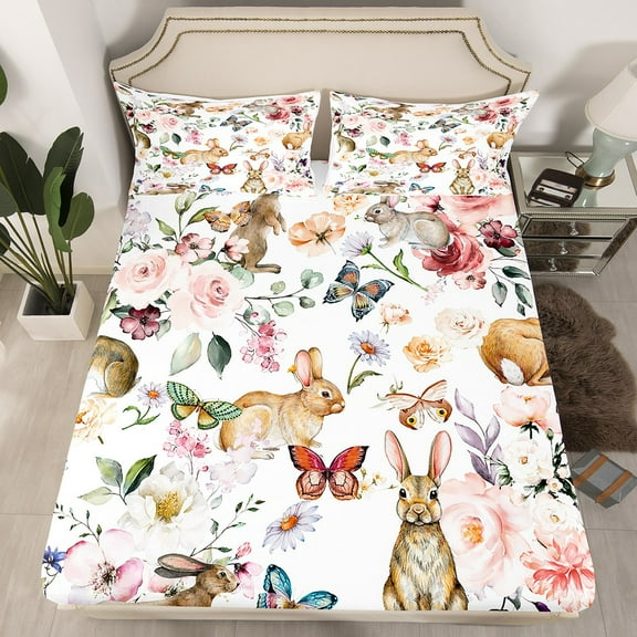 Easter Bunny Queen Size Fitted Sheet,Spring Flowers Bed Sheets Women Teens,Watercolor Floral Rabbit Butterfly Bedding Set,Cute Pet Animals Sheets Easter Gifts 3Pcs