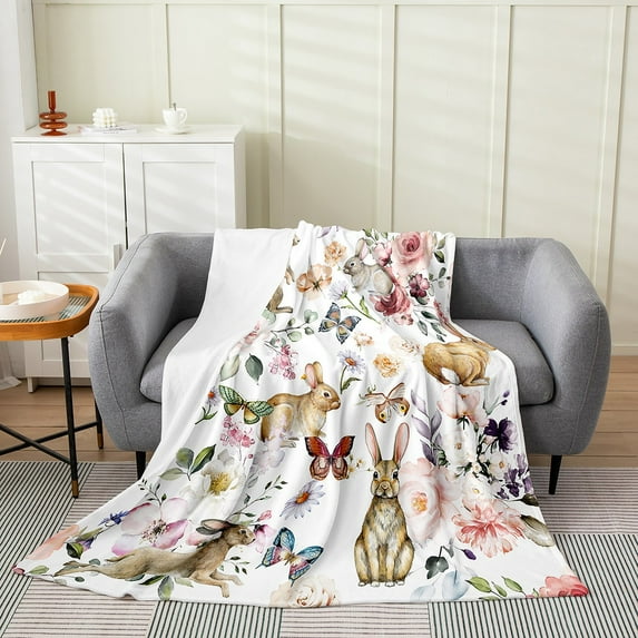 Easter Bunny Throw Blanket,Spring Flowers Fleece Flannel Blanket for Sofa Bed,Watercolor Floral Rabbit Butterfly Fuzzy Blanket,Cute Pet Animals Sherpa Blanket Easter Gifts,Queen 90x90